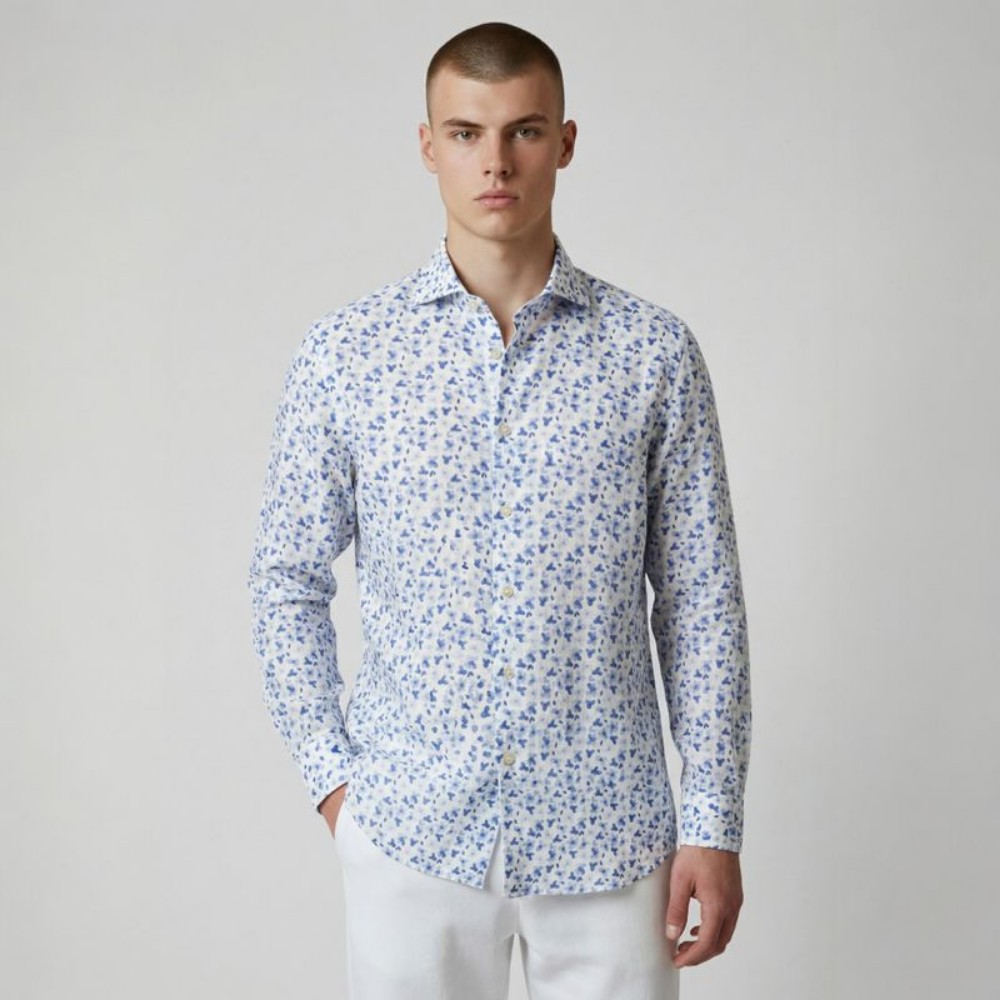 Immagine di Camicia in lino bianca con fantasia floreale blu