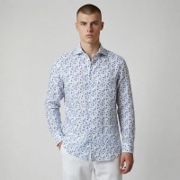 Immagine di Camicia in lino bianca con fantasia floreale blu