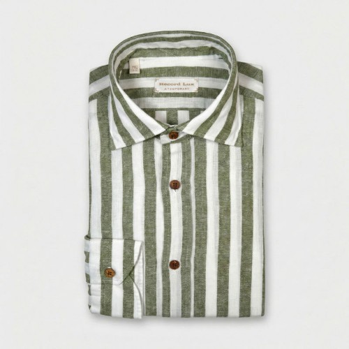 Immagine di Camicia in cotone e lino a righe verdi e bianche 