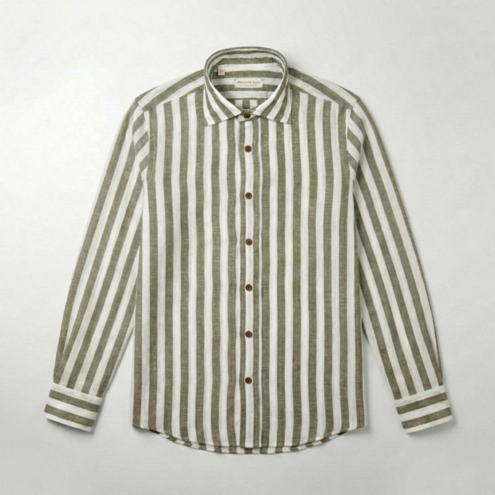 Immagine di Camicia in cotone e lino a righe verdi e bianche 