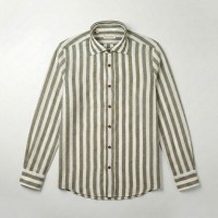 Immagine di Camicia in cotone e lino a righe verdi e bianche 