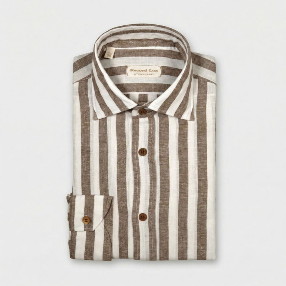 Immagine di Camicia in cotone e lino a righe bianche e marroni 