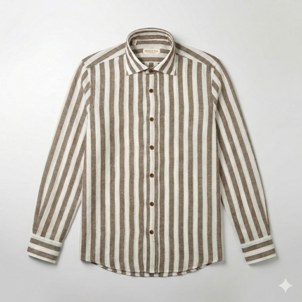 Immagine di Camicia in cotone e lino a righe bianche e marroni 