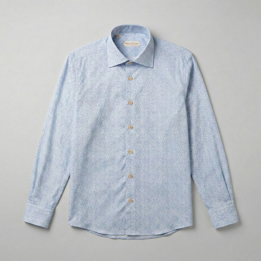 Immagine di Camicia in cotone bianca con fantasia a fiori azzurra