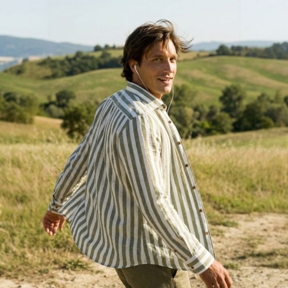 Immagine di Camicia in cotone e lino a righe verdi e bianche 