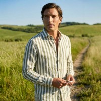 Immagine di Camicia in cotone e lino a righe verdi e bianche 