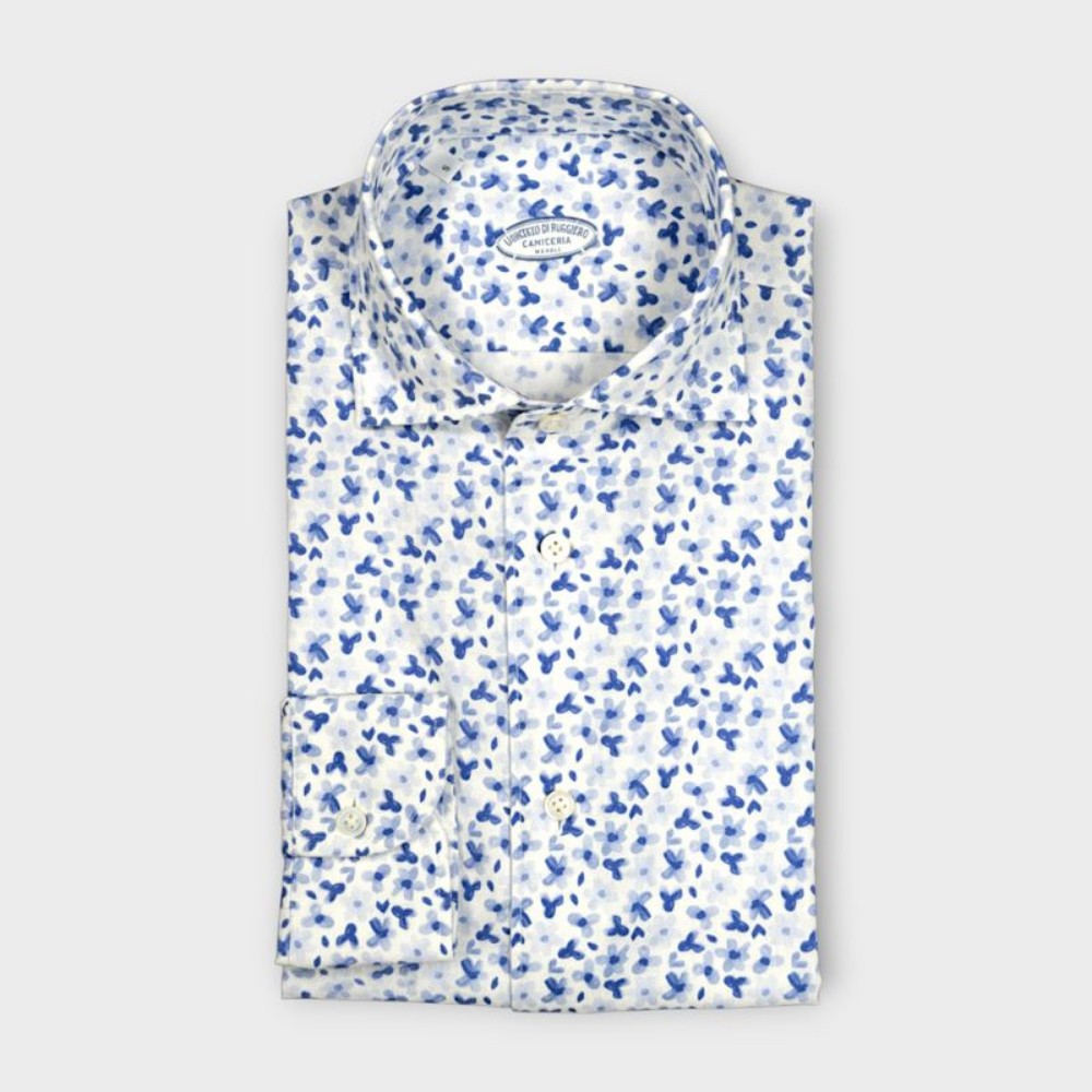 Immagine di Camicia in lino bianca con fantasia floreale blu