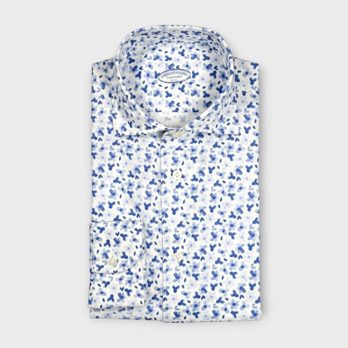 Immagine di Camicia in lino bianca con fantasia floreale blu