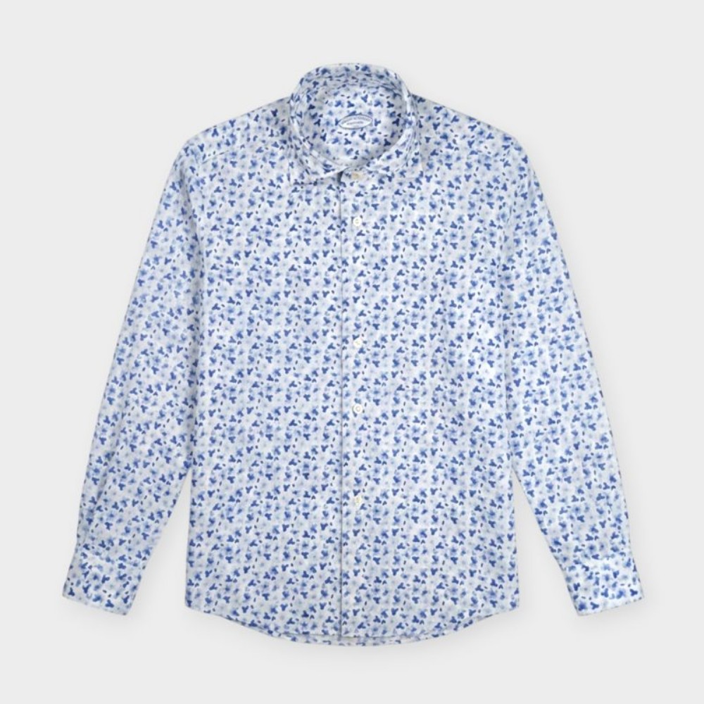 Immagine di Camicia in lino bianca con fantasia floreale blu