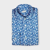 Immagine di Camicia in lino blu  fantasia con fantasia floreale azzurra e bianca